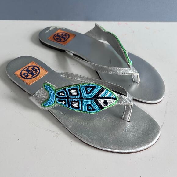 Tory Burch flip-flop slide size 7.5 silver fish beaded ocean mermaid  - Picture 1 of 7